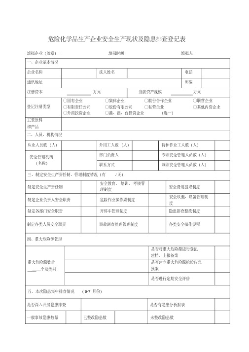 危险化学品生产企业安全生产现状及隐患排查登记表