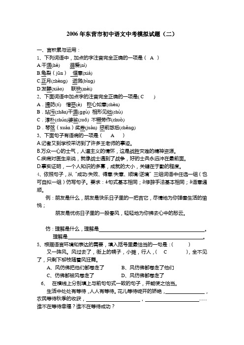 山东省东营市中考模拟语文试卷 二 