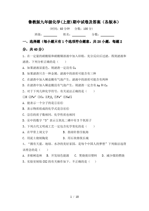 鲁教版九年级化学(上册)期中试卷及答案(各版本)