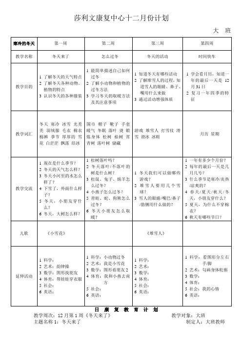 《幼儿园大班十二月教案》