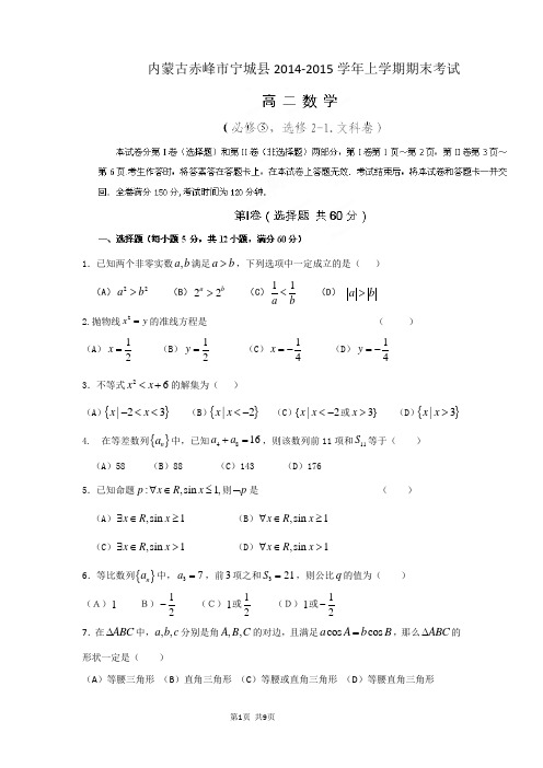 内蒙古赤峰市宁城县2014-2015学年高二上学期期末考试数学(文)试题