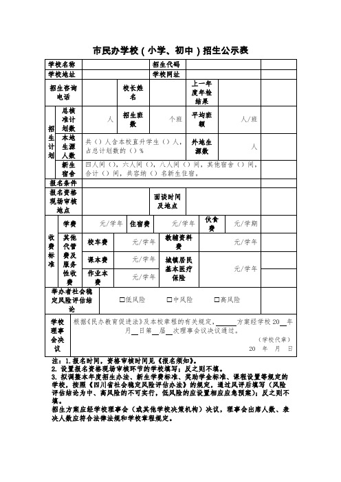 XX市民办学校(小学、初中)招生公示表【模板】
