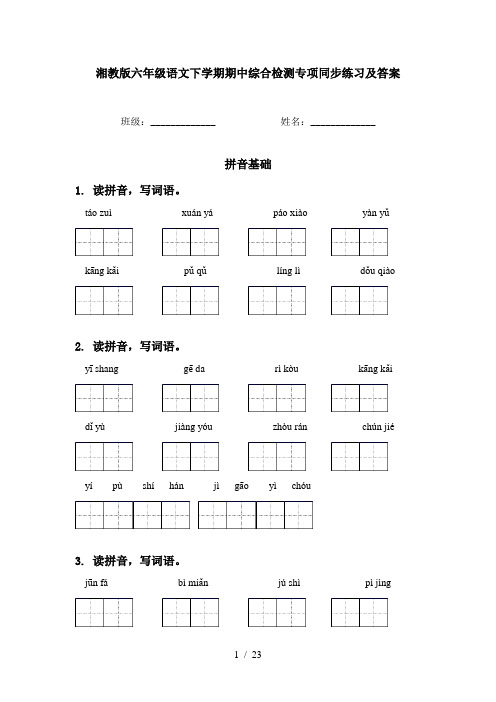湘教版六年级语文下学期期中综合检测专项同步练习及答案