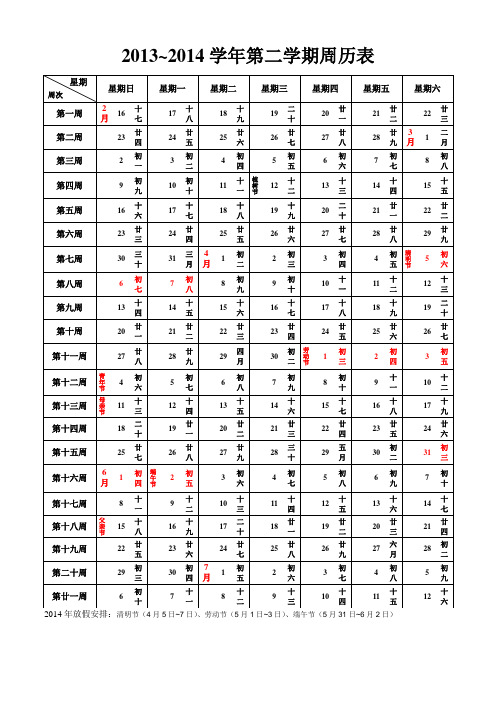 2013-2014年第二学期周历表