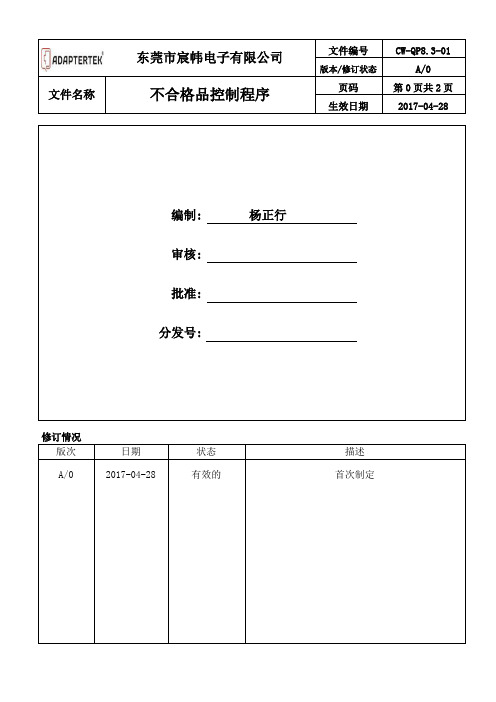 软件和电子行业通用CW-QP8.3-01_不合格品控制程序