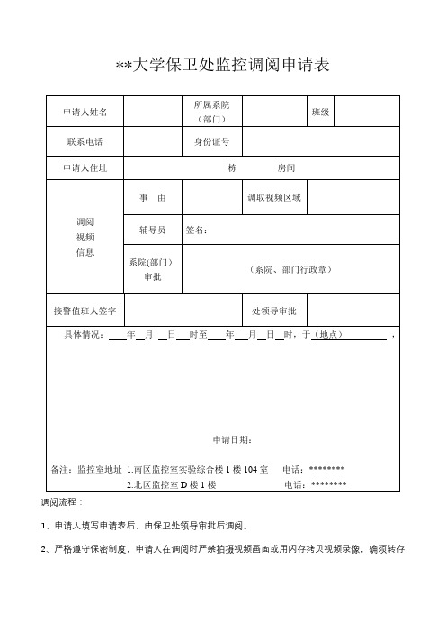 XX大学保卫处监控调阅申请表【模板】