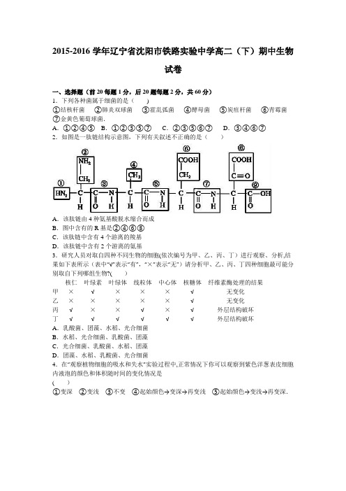 辽宁省沈阳市铁路实验中学2015-2016学年高二下学期期中生物试卷 含解析