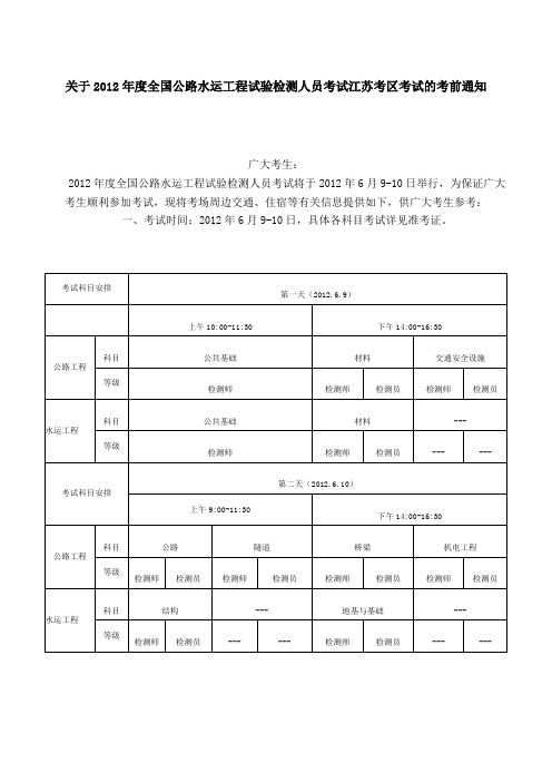 关于2012年度全国公路水运工程试验检测人员考试江苏考区考试的考前通知