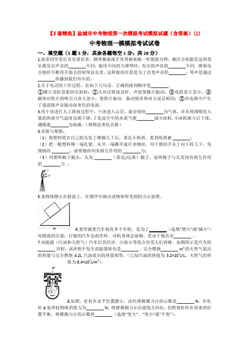 【5套精选】盐城市中考物理第一次模拟考试模拟试题(含答案)(1)