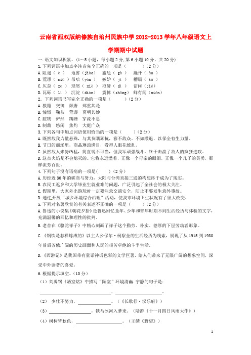 云南省西双版纳傣族自治州民族中学八年级语文上学期期