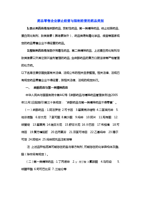 药品零售企业禁止经营和限制经营的药品类别