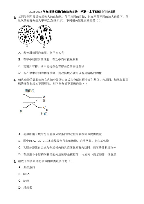 2022-2023学年福建省厦门市海沧实验中学高一上学期期中生物试题