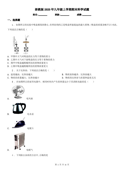 浙教版2020年九年级上学期期末科学试(模拟)