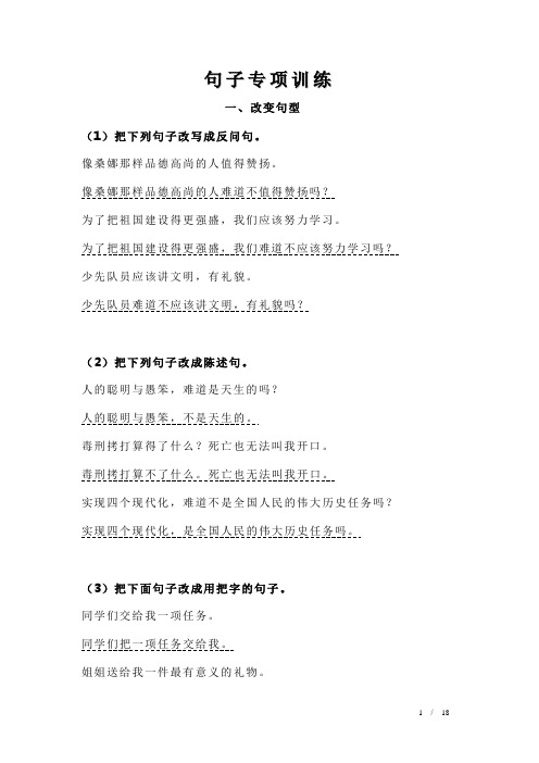 湖北省小学语文总复习---句子专项训练题--参考答案