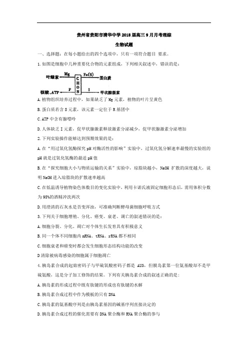 2018届贵州省贵阳市清华中学高三9月月考理综生物试题