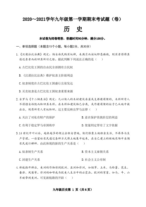 2020-2021学年九年级上学期期末历史试题