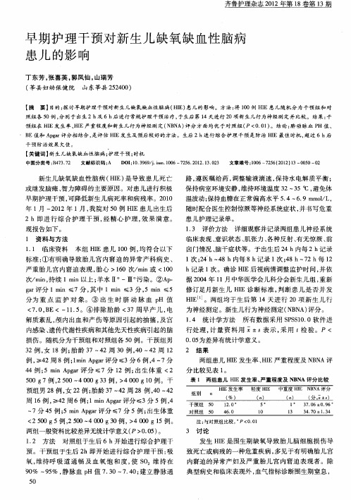 早期护理干预对新生儿缺氧缺血性脑病患儿的影响