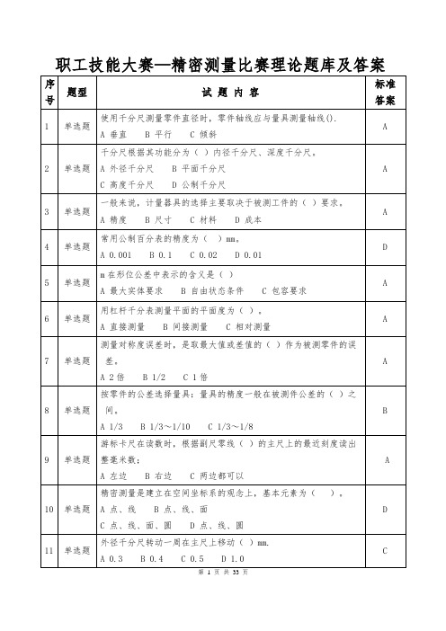 职工技能大赛—精密测量比赛理论题库及答案