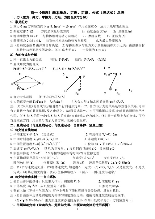 高一《物理》基本概念、定理、定律、公式