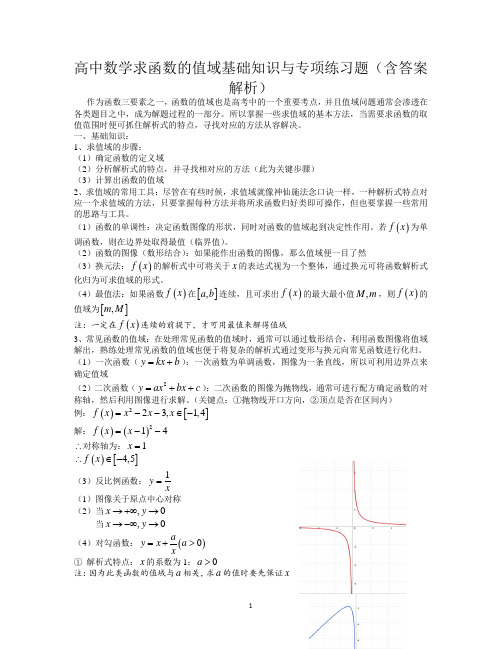 高中数学求函数的值域基础知识与专项练习题(含答案解析)