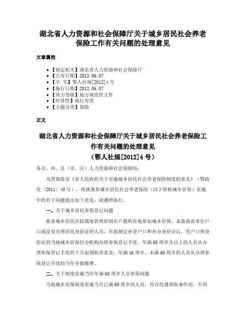 湖北省人力资源和社会保障厅关于城乡居民社会养老保险工作有关问题的处理意见