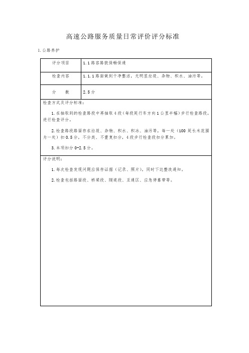 高速公路服务质量日常评价评分标准【模板】