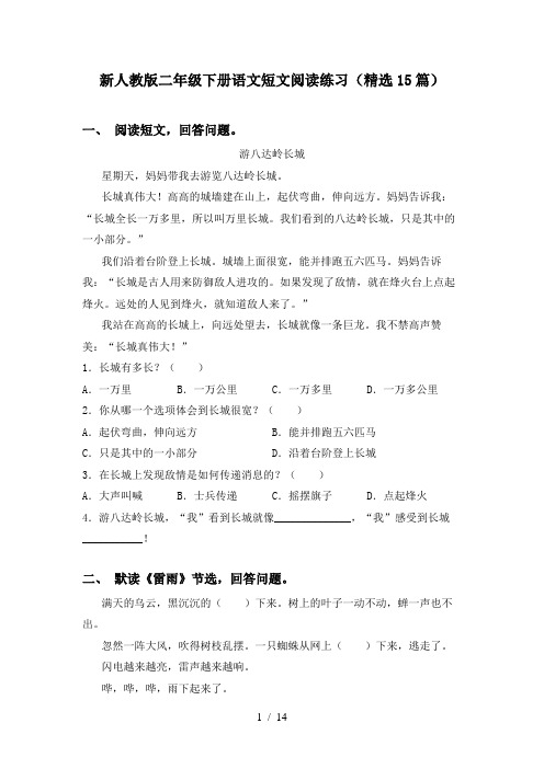 新人教版二年级下册语文短文阅读练习(精选15篇)