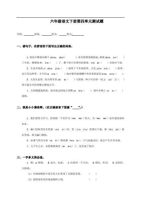 北师大版六年级语文下册第四单元测试题及答案二四