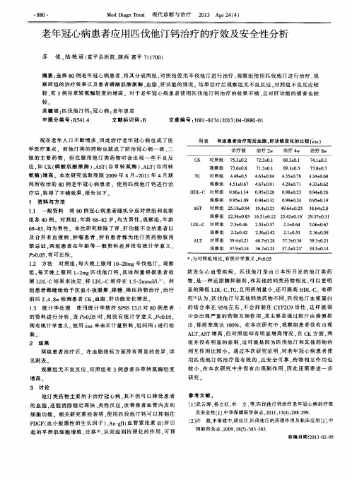 老年冠心病患者应用匹伐他汀钙治疗的疗效及安全性分析