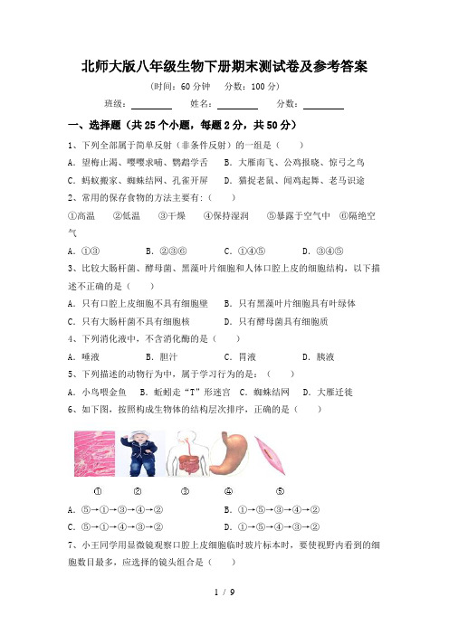 北师大版八年级生物下册期末测试卷及参考答案