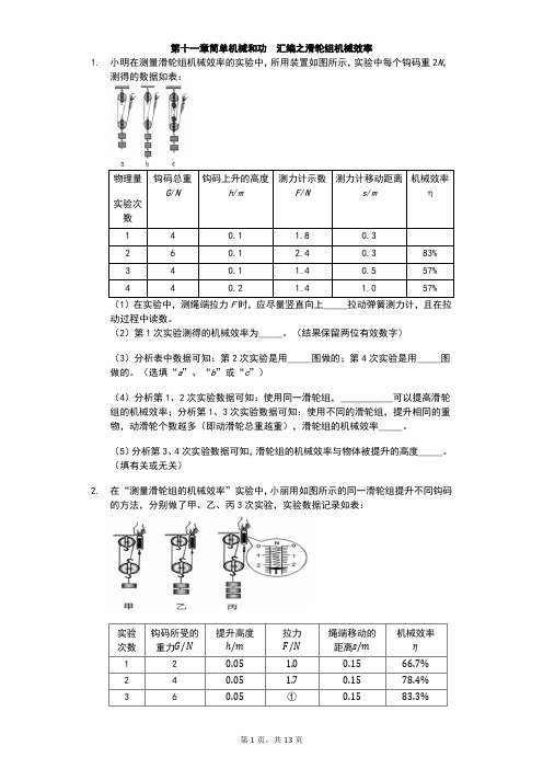 江苏省 苏科版 初三物理 下学期 第十一章 简单机械和功 汇编之滑轮组机械效率(有答案)