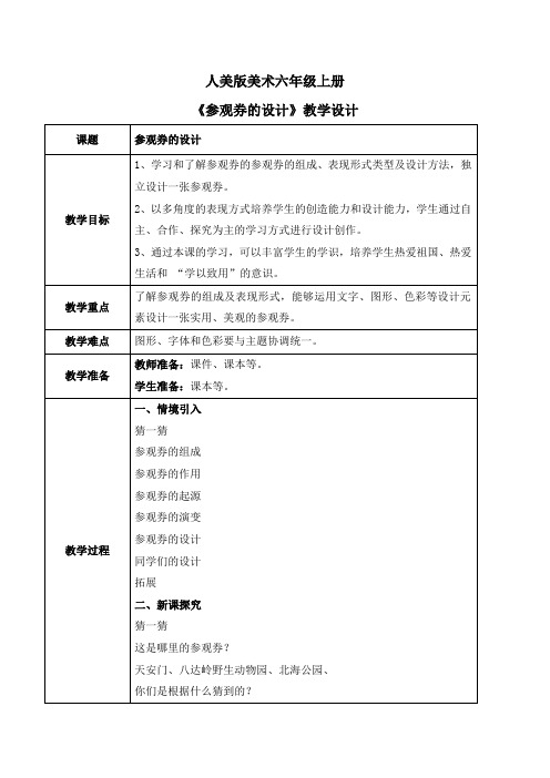 人美版美术六上第8课《参观券的设计》教学设计