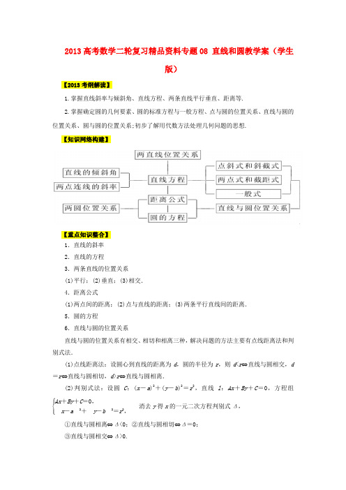 高考数学二轮复习精品资料专题08 直线和圆教学案(学生版)