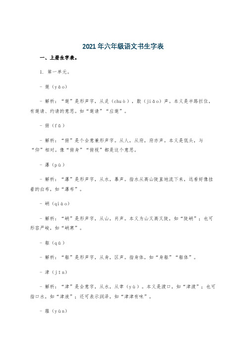 2021年六年级语文书生字表