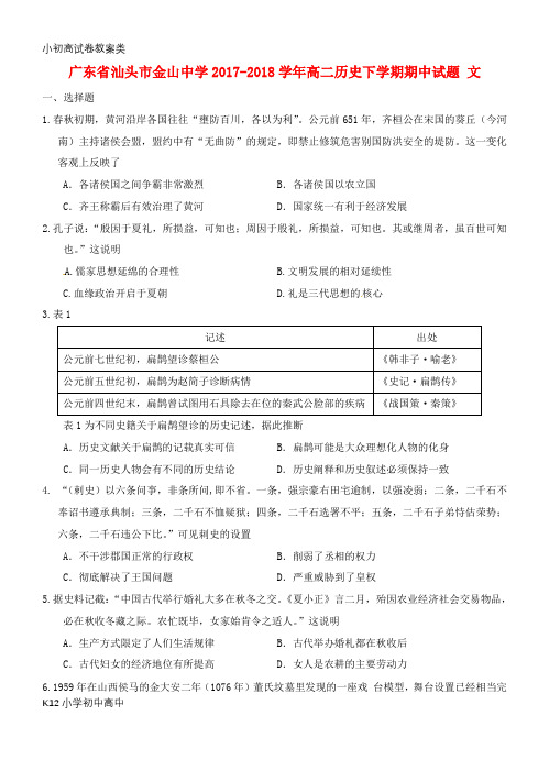 【配套K12】2017_2018学年高二历史下学期期中试题文
