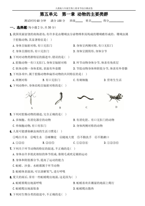 人教版八年级上册生物综合测试卷 第五单元  第一章 动物的主要类群