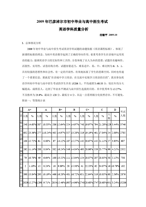 2009年巴彦淖尔市初中毕业与高中招生考试