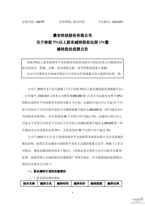 震安科技：关于持股5%以上股东减持股份达到1%暨减持股份进展公告
