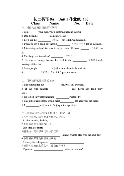 初二英语8A  Unit 5作业纸(3)