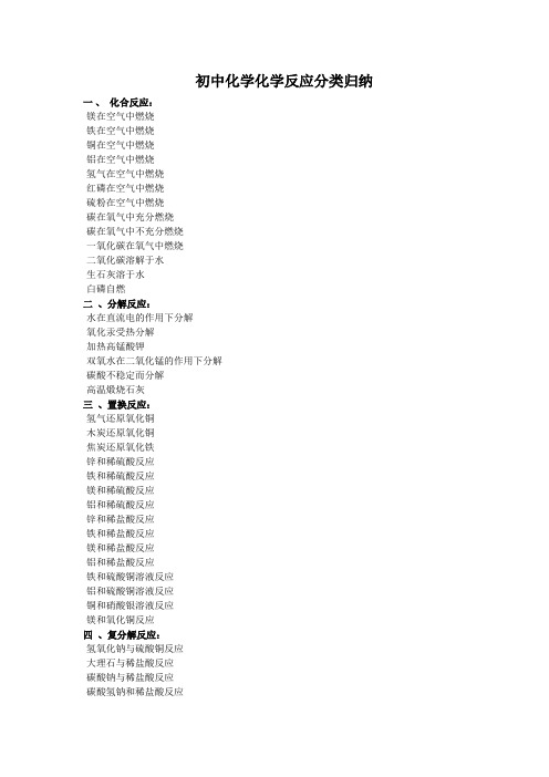 初中化学化学反应分类归纳