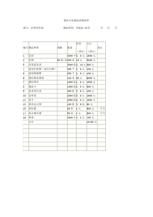 酒店开业物品采购清单