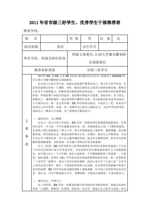 2012年市级三好学生、优秀学生申请表(原创精华)