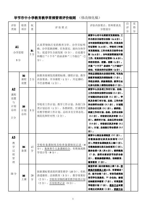 毕节市中小学教育教学常规管理评价细则 (修改细化稿) 2