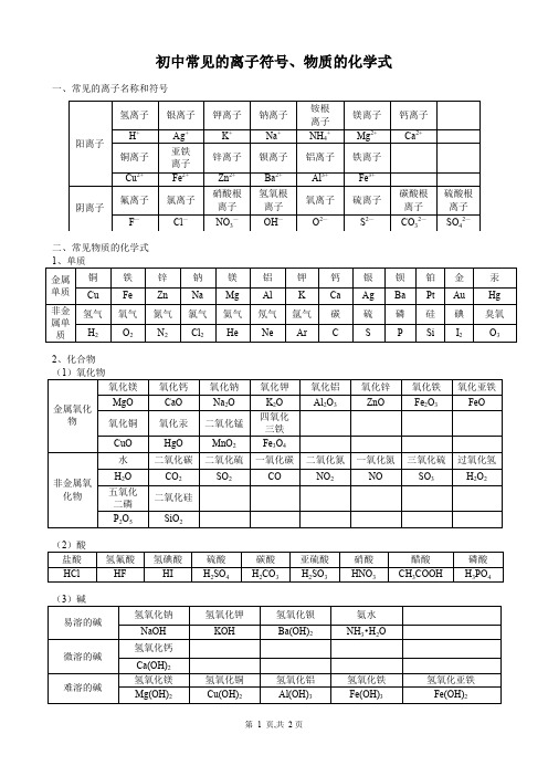 初中化学  常见的离子符号、物质的化学式