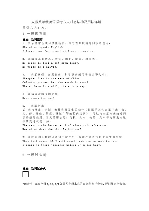 人教八年级英语必考八大时态结构及用法详解