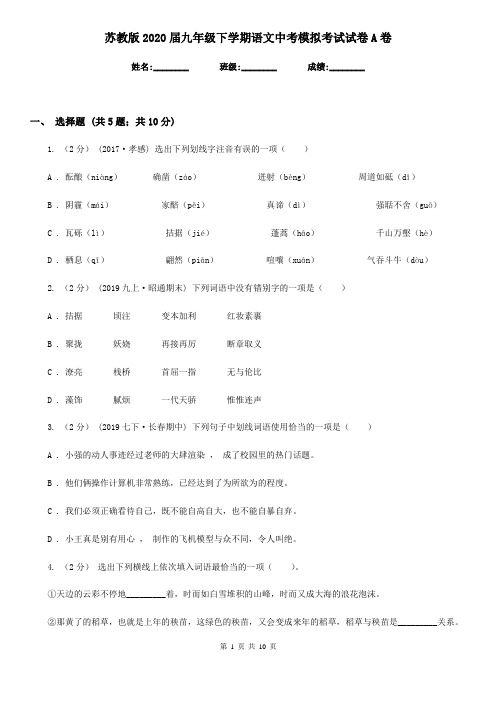 苏教版2020届九年级下学期语文中考模拟考试试卷A卷