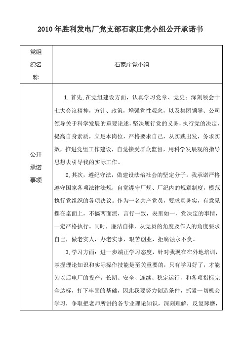 2010年发电厂党支部公开承诺书
