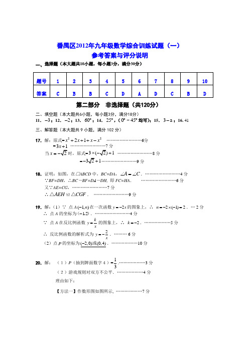 2012年九年级数学综合训练试题(1)参考答案与评分说明往年数学知识点