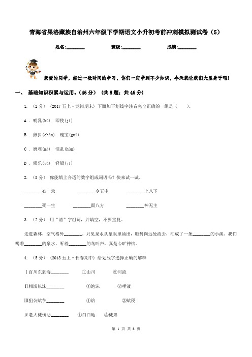 青海省果洛藏族自治州六年级下学期语文小升初考前冲刺模拟测试卷(5)