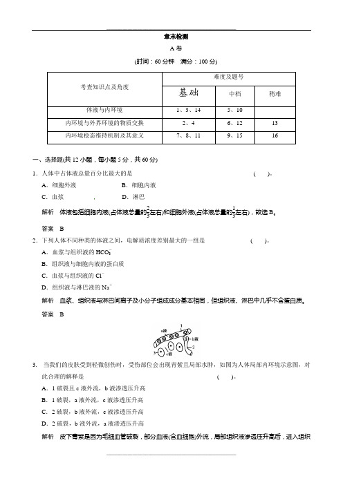 高中生物(人教版)同步习题：1《人体的内环境与稳态》章末检测A(必修3)